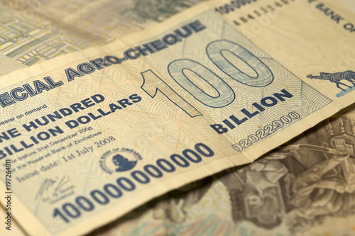 Unique Zimbabwe hyperinflation Banknote one hundred billion Dollars in the Detail, 2008