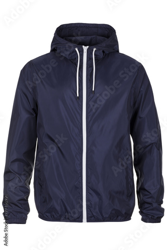 Warm navy blue windbreaker jacket with hood