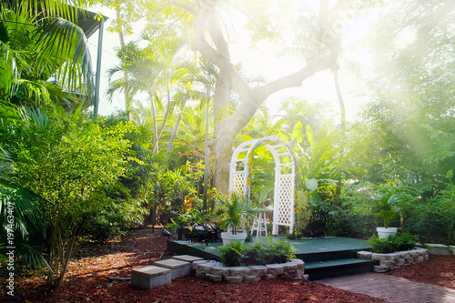 House courtyard and the garden of the Ernest Hemingway Home and Museum in Key West, Florida. 