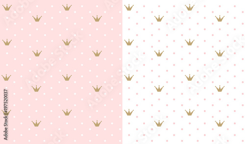 Pink and white seamless pattern with golden crown. Classic backdrop for invitation card and decoration party (wedding, baby girl shower, birthday) Cute polka dots wallpaper for princess child's room.