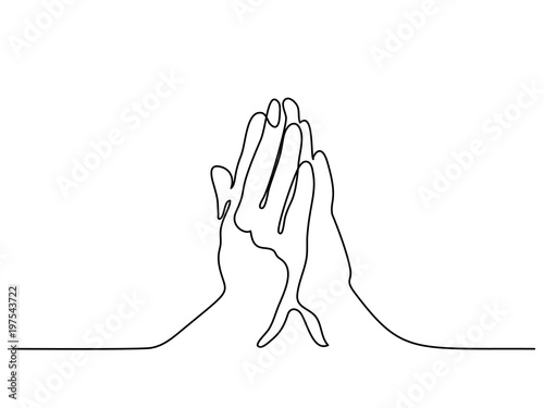 Continuous line drawing. Hands palms together praying. Vector illustration