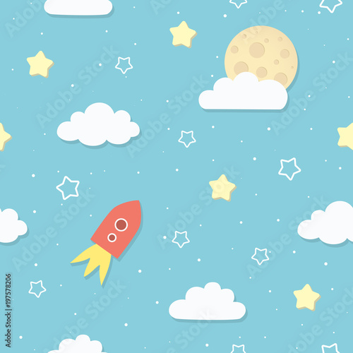 Cute seamless sky pattern with full moon, clouds, stars, and rocket. Cartoon space rocket flying to the Moon. Children's bedroom, baby nursery wallpaper. Cover or a gift wrap. Vector Illustration.