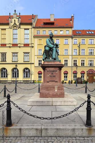 Historical quarter of Wroclaw, Poland - Old Town and Market Square, polish writer Aleksander Fredro monument and medieval tenements
