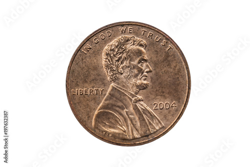 USA one cent penny coin with a portrait image of Abraham Lincoln cut out and isolated on a white background