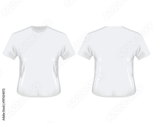 T-shirt on a gray background with the name in front. Men's white t-shirt with short sleeve in front and back views. Vector template. Fully editable handmade mesh.
