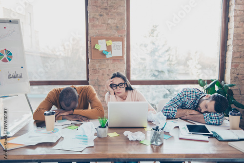 Fail lazy layabour partners highschool college start-up non-initiative daydream browsing computer laptop read internet concept. Three trio sad exhausted sleepy busy overworked managers having a nap