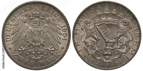 Germany, German two mark 1904, Bremen, silver, imperial eagle, lions holding shield with a big key on it, trees on top of shield, inscriptions in German German State and free city Bremen 
