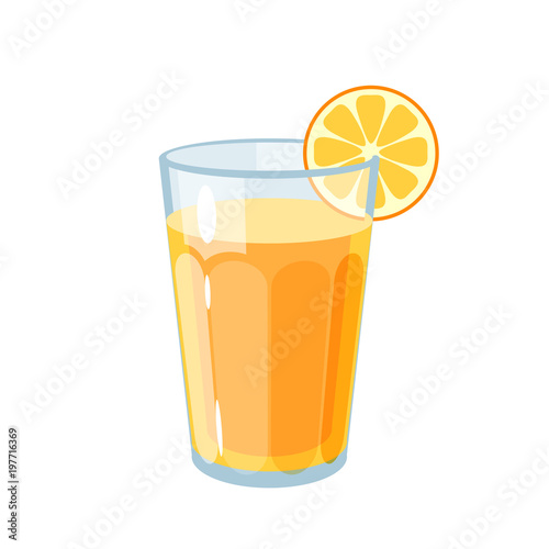 Colorful fruit design. Glass of fresh juice with slice of orange. Milkshake, flavoured milk. Vector illustration cartoon flat icon isolated on white.