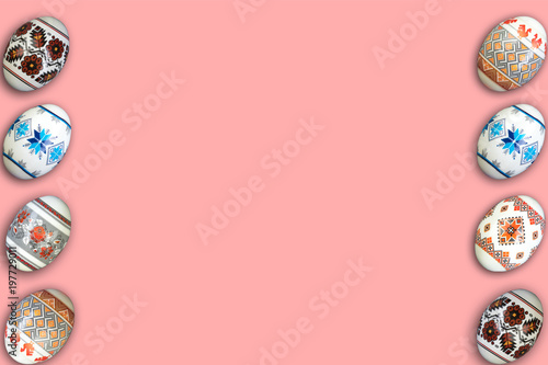 Happy Easter card. Colorful shiny easter eggs on pink background. Copy space for text.