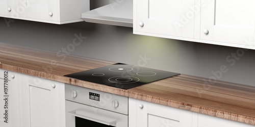 Kitchen cabinets and eletric oven with ceramic hob and hood. 3d illustration