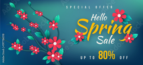 Spring Sale Banner with green leaf and colorful flowers. Vector Design for your greetings card, flyers, web banner , invitation, posters, brochure, banners, calendar, spring sale.