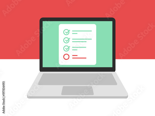 Laptop and checkboxes with check mark. Checklist, white tick on laptop screen. Choice, survey concepts. Modern flat design graphic elements for web banners, websites, infographics. Vector illustration