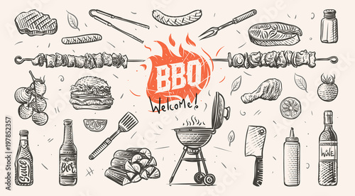 Barbeque related things hand drawn illustration. Vector.