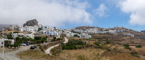 A panoramic view of the Chora of Amorgos, the castle on the left and the windmills on the right