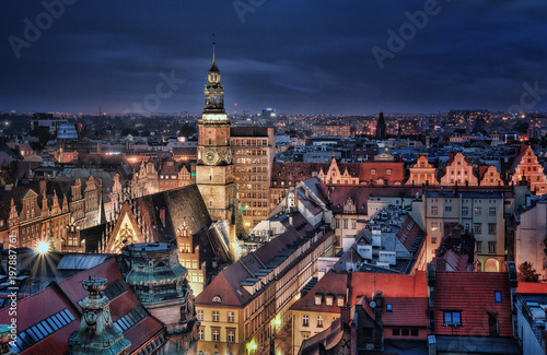 Evening panorama of the city Wroclaw, Poland