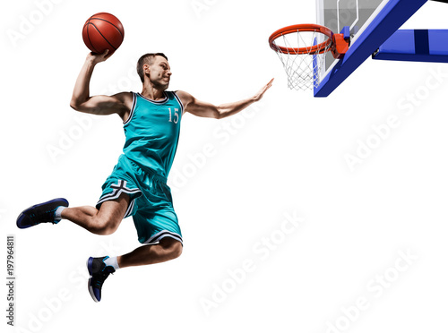 basketball player making slam dunk isolated