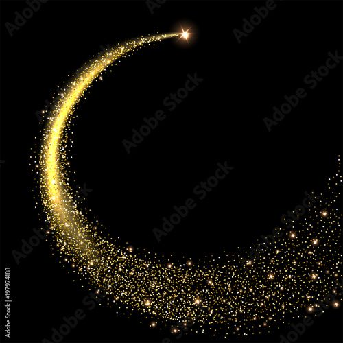 Golden sparkling star with stardust trail. Vector illustration.
