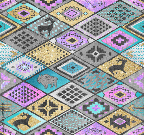 Southwestern patchwork. Rhombuses tiles patchwork in ethnic style