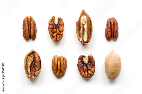 Isolated pecan nuts set. Top view. 