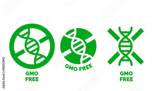 GMO free label for no gmo added product package icon design template. Vector green DNA symbol for GMO free food