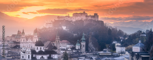 Panoramic view of Salzburg at winter morning