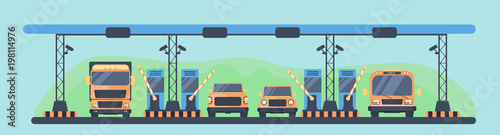 Checkpoint on the toll road. Payment of tolls on the toll road. Higway toll area with transport.