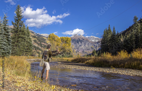 Fly Fisherman On the San Miguel river near Telluride, Colorado.
