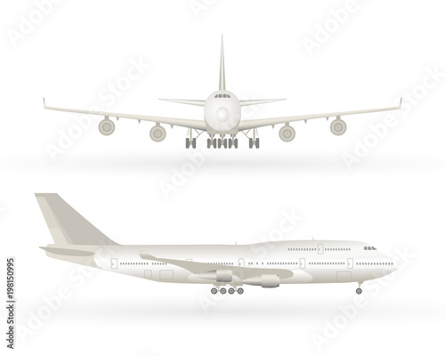 Big commercial jet airplane. Airplane in profile, from the front view. Aeroplane isolated. Aircraft vector illustration. Airline Concept Travel Passenger plane set. Jet commercial airplane.