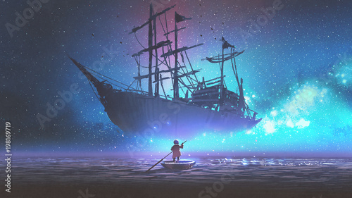 little boy rowing a boat in the sea and looking at the sailing ship floating in starry sky, digitl art style, illustration painting