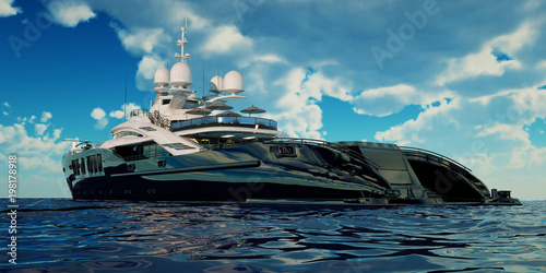 Extremely detailed and realistic high resolution 3D illustration of a luxury super yacht.