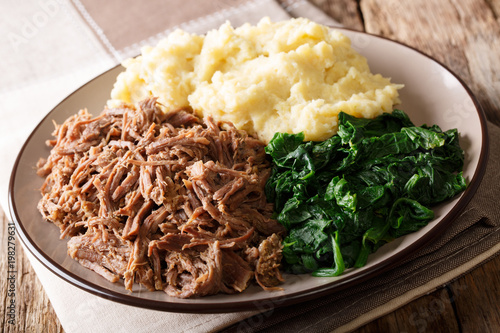 South African food: - Seswaa shredded beef with sadza porridge and spinach close-up on a plate. horizontal