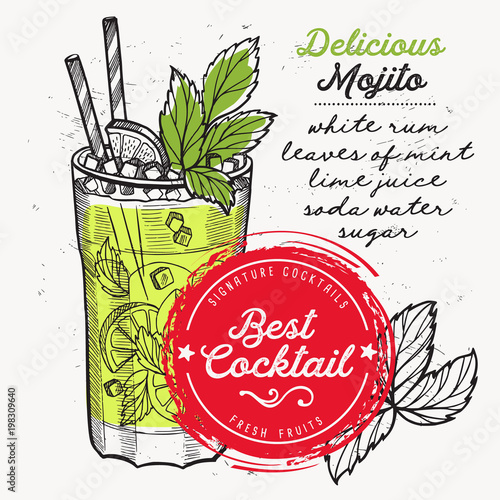 Cocktail mojito for bar menu. Vector drink flyer for restaurant and cafe. Design poster with vintage hand-drawn illustrations.