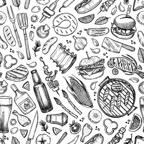 Hand drawn vector seamless pattern. BBQ. Barbeque design elements in sketch style. Fast food. Perfect for menu, prints, packing, leaflets, advertising, wrapping paper
