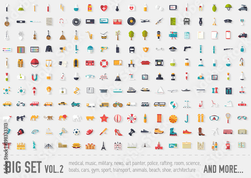 Flat big collection set icons of medical, army, war, shoe, nature, news, draw, police etc. For infographic illustration design
