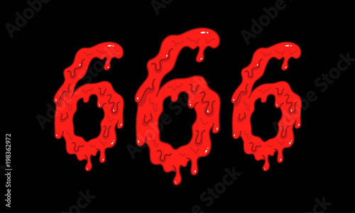 Cartoon illustration of the bloody numbers 666 on black background. Hell, death and satan symbol.