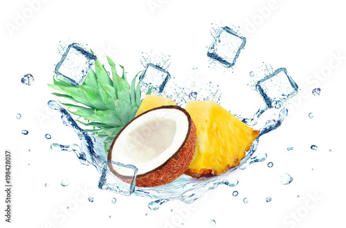 coconut and pineapple splashing water and ice cubes isolated on white
