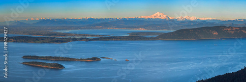 Aerial view from the San Juan Islands with Mount Baker on the horizon, Washington, USA