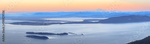 Aerial view from the San Juan Islands with Mount Baker on the horizon, Washington, USA