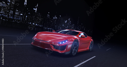 Red sports car moving on highway in the city at night with headlights on