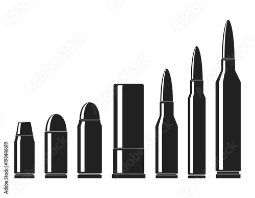 Cartridges icons vector set. A collection of bullets icons isolated on white background. Weapon ammo types and size in flat style. Vector illustration