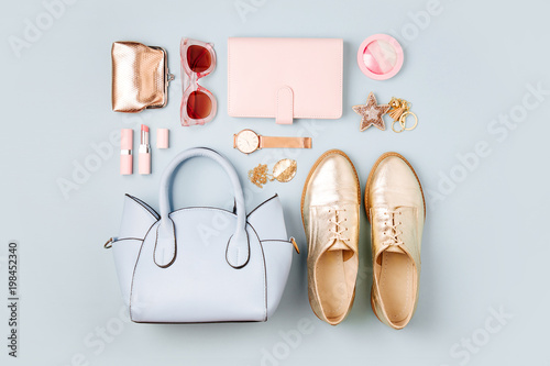 Feminine accessories collage with handbag, watch, note and beauty products.