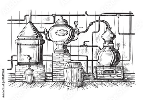 alembic still for making alcohol inside distillery, destilling spirits sketch