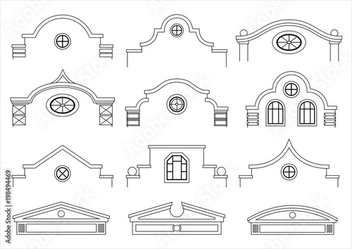 A set of silhouettes of classic vintage facades. Templates for colorings. Vector graphics. Architectural elements of pediments