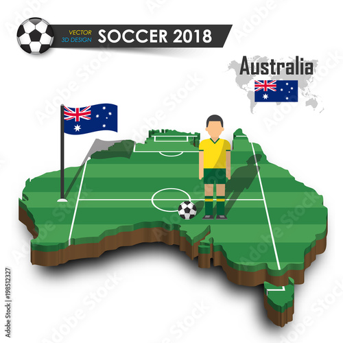 Australia national soccer team . Football player and flag on 3d design country map . isolated background . Vector for international world championship tournament 2018 concept