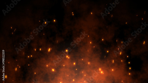 Burning red hot sparks rise from large fire in the night sky. Beautiful abstract background on the theme of fire, light and life. Fiery orange glowing flying particles over black background in 4k