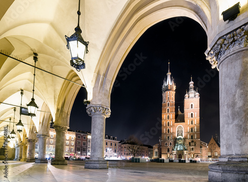 Main square and St. Mary's Basilica in Krakow, Poland