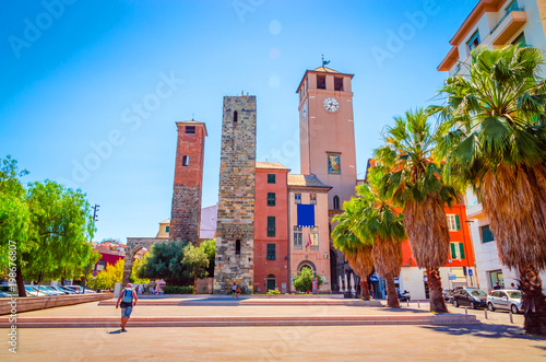 Beautiful street and traditional old buildings of Savona, Liguria, Italy