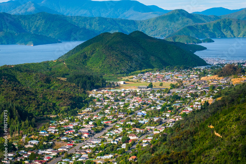 Paranomic view of Picton among the nature, New Zealand, View from Tirohanga Track.