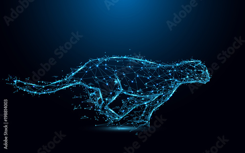 Abstract cheetah running form lines and triangles, point connecting network on blue background. Illustration vector