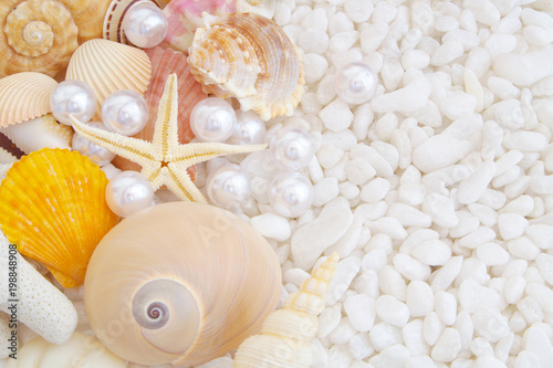 Starfish, pearls and seashells on stones